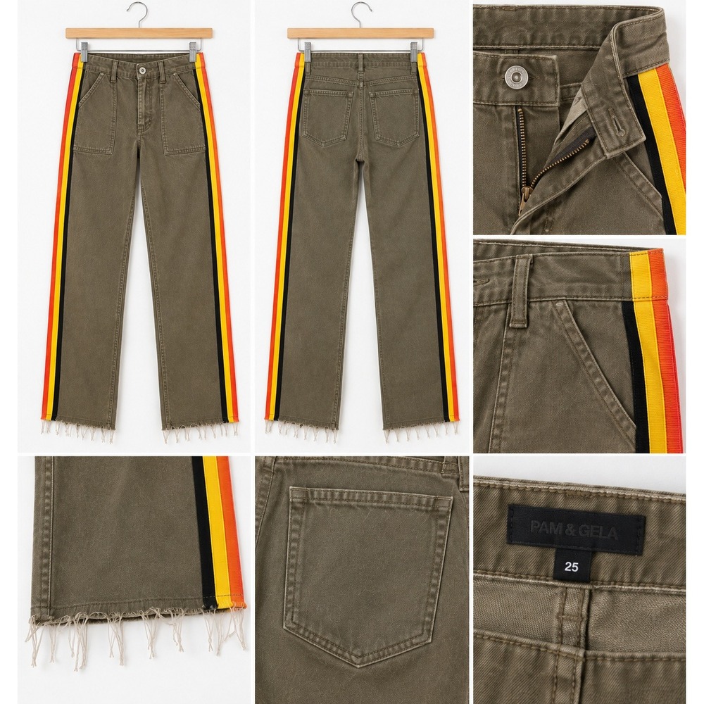 Pam & Gela Olive Uniform Side Stripe Crop Lace Up Back Utility Pants 25 - Picture 5 of 8